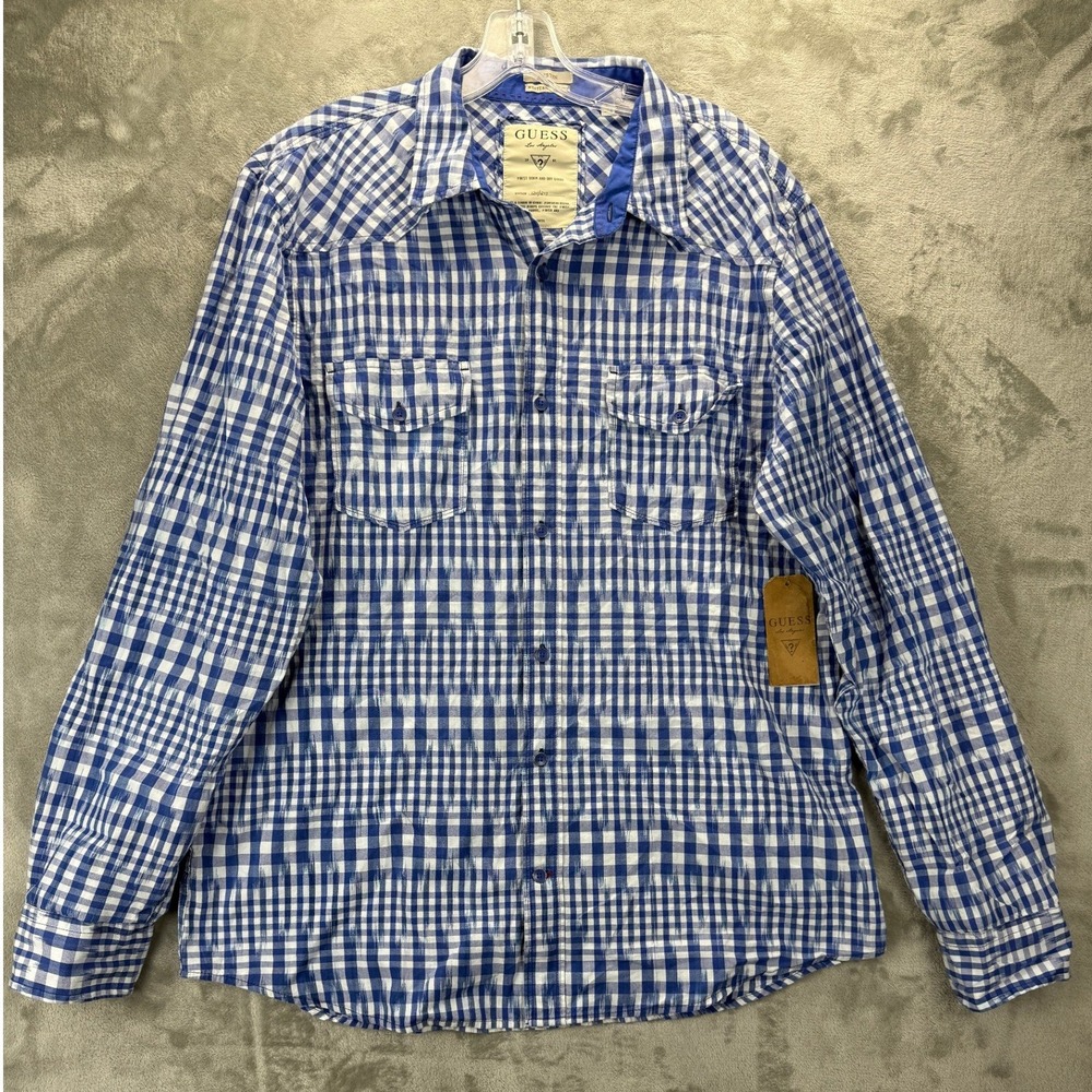 Guess Mens Austin Western Slim Fit Gingham Plaid Button Down Shirt Blue XL